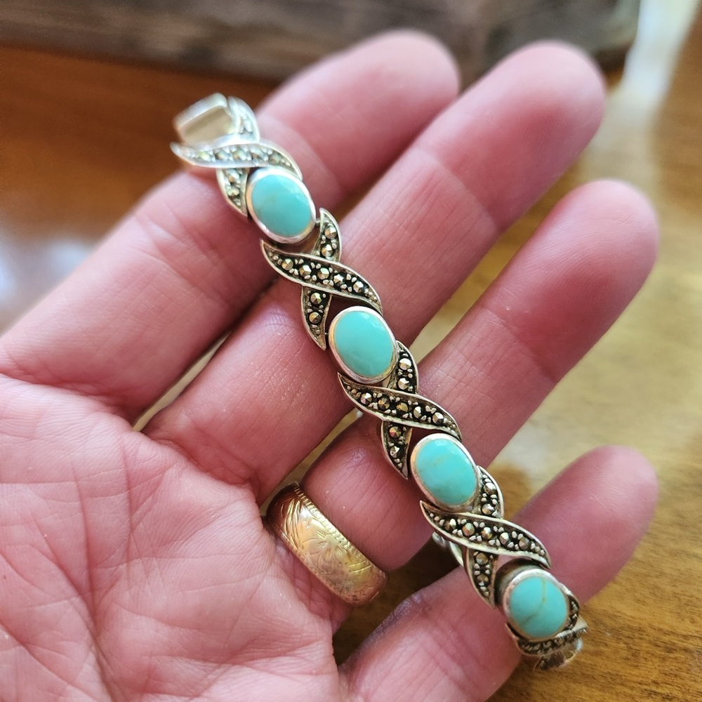 Vintage Sterling Turquoise Marcasite Tennis Bracelet